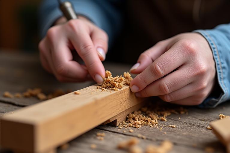Närbild på hantverkarens händer som arbetar med en fin trädetalj, omgiven av verktyg och naturligt ljus.