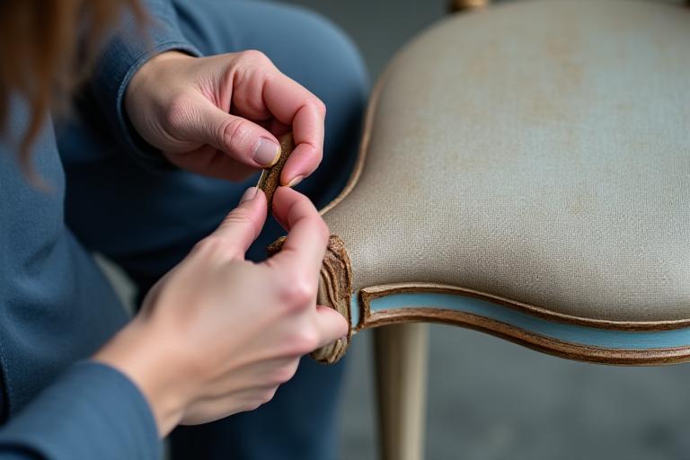 Närbild på en snickares händer som varsamt restaurerar en gammal stol, med fokus på detaljer